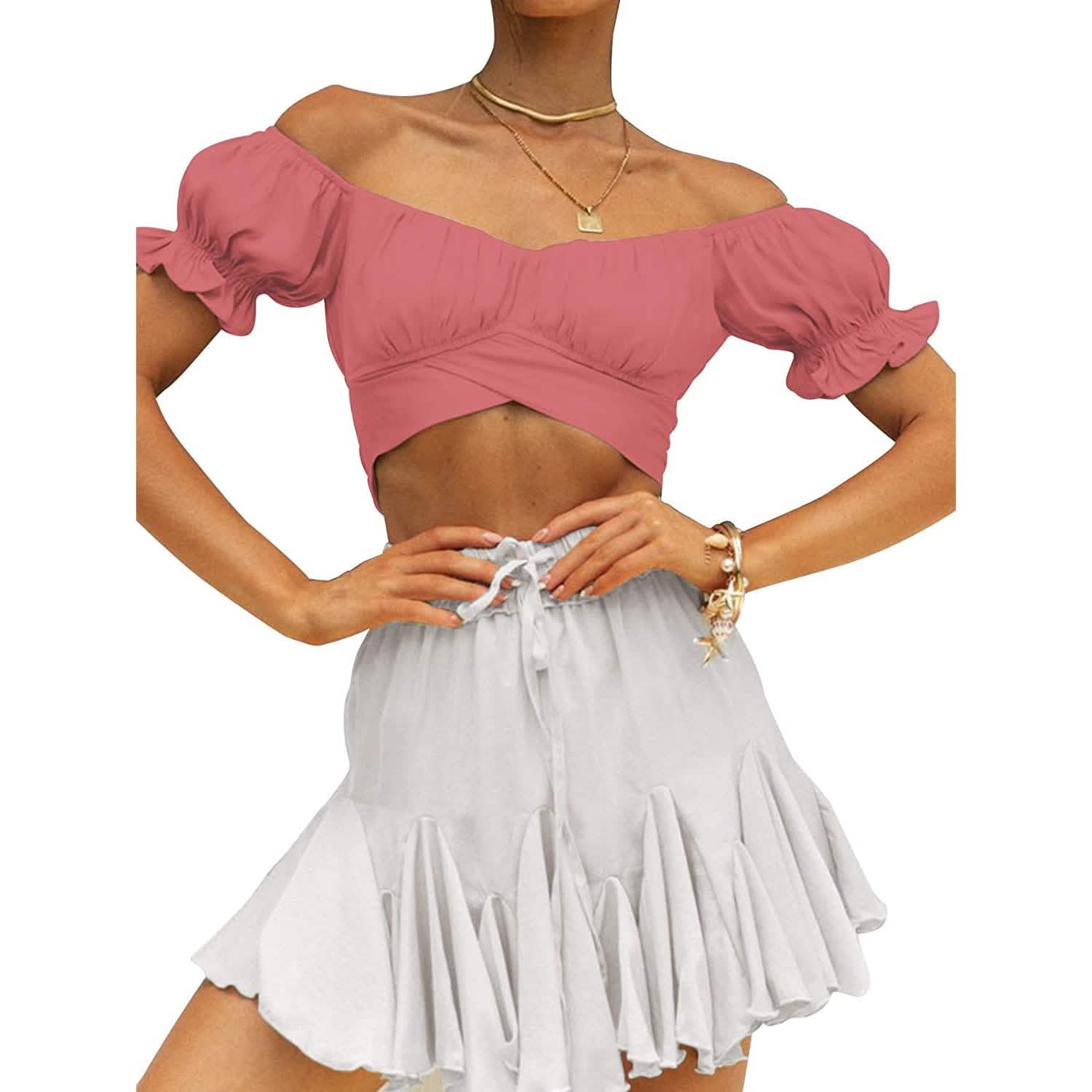 Women's Ruffle Short Sleeve Tie Shirt