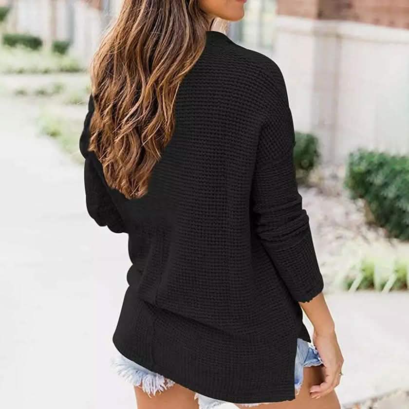 Women's Waffle Knit Fall Oversized Sweater V Neck Pullover Tops